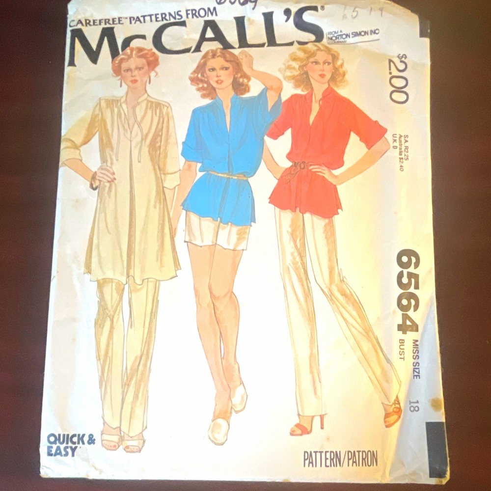 McCall's 6564 Misses' Tunic/Top Pants/Shorts Quick & Easy Vintage Pattern Sz 18